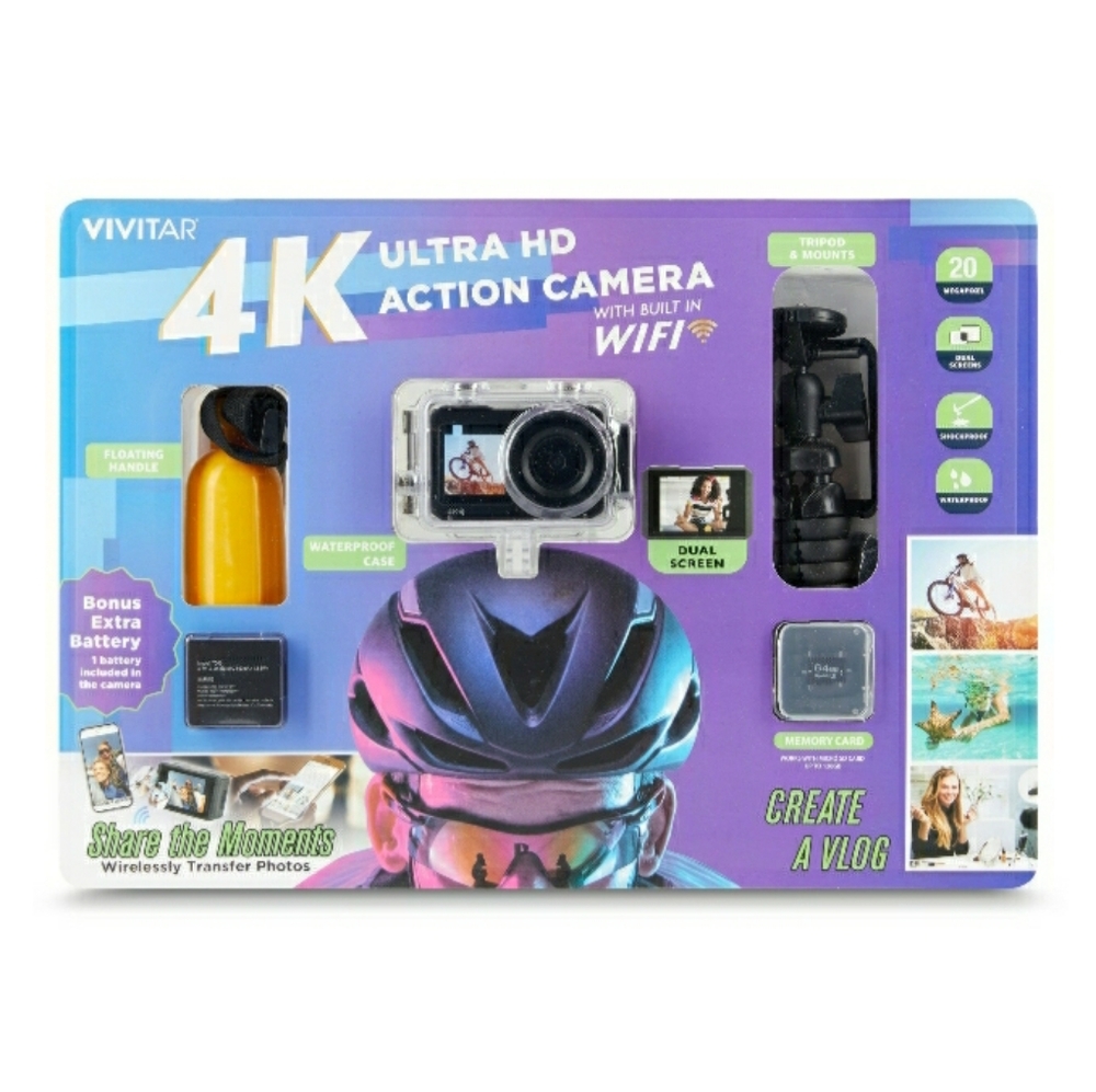 NEW Vivitar 4K Ultra HD Action Camera Kit - Dual Screen Wifi Bonus Battery 64GB